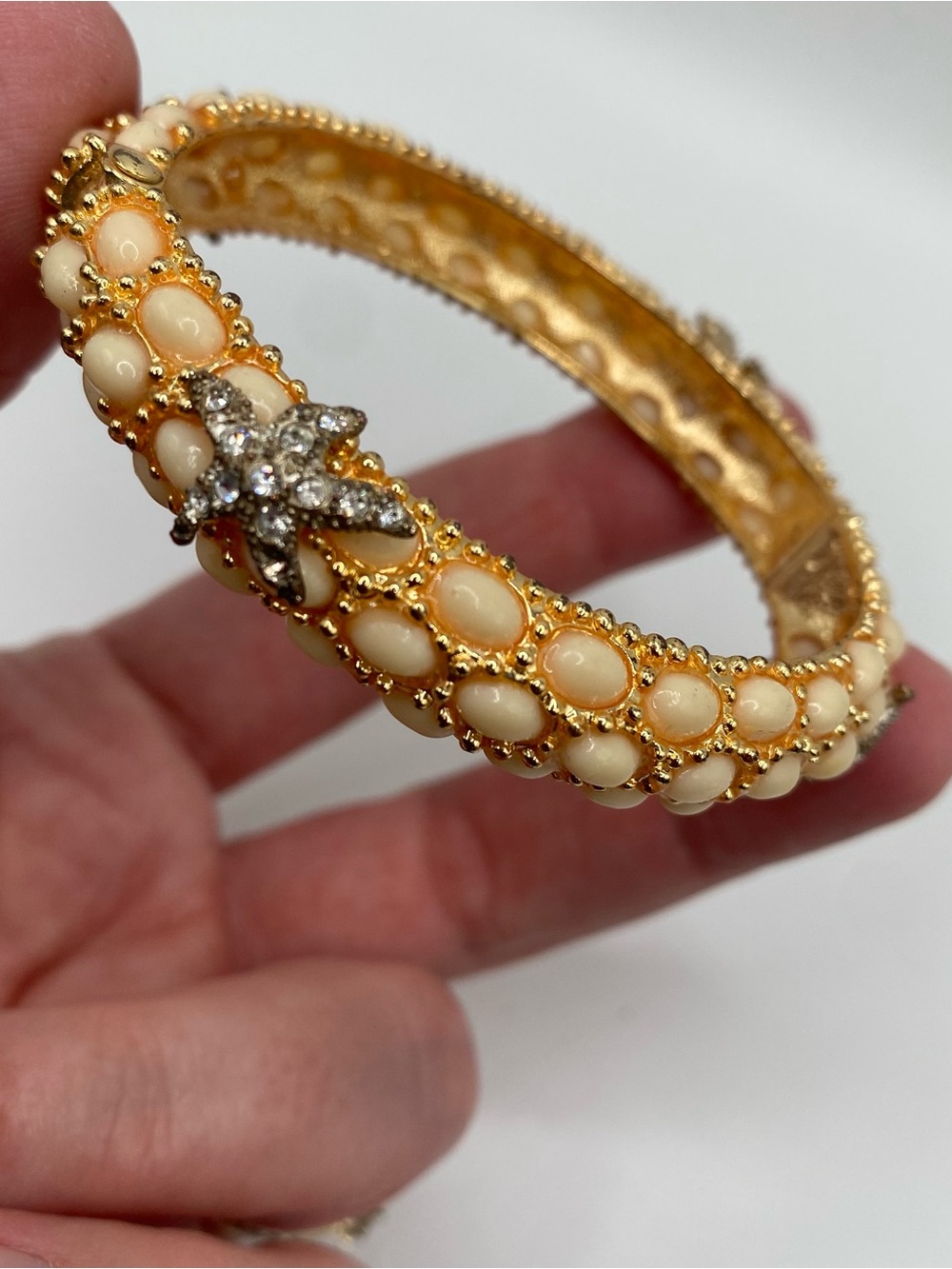 Gold-Tone Coastal Cream Beaded Starburst Bangle Bracelet